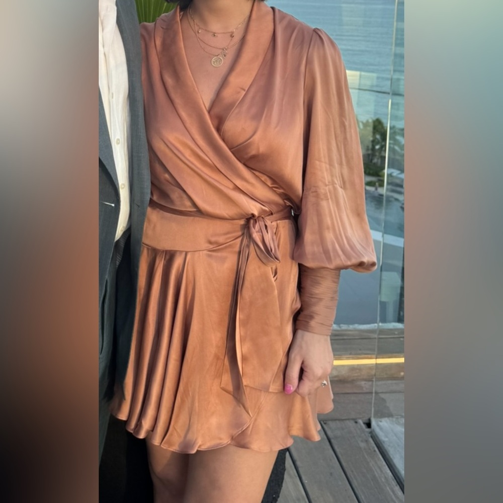 Satin Wrap Dress in Copper Brown